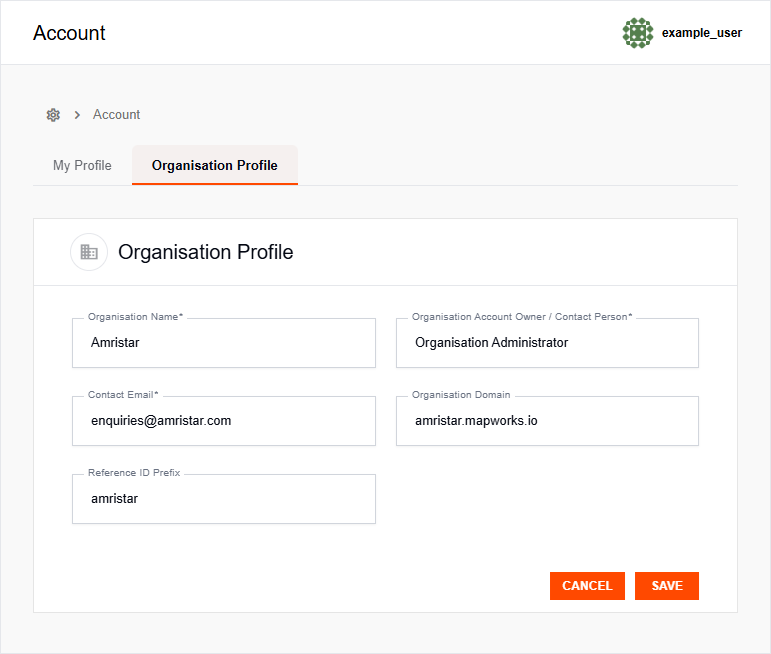 Organisation Profile tab with organisation details