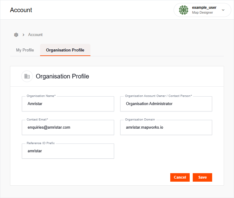 Organisation Profile tab with organisation details