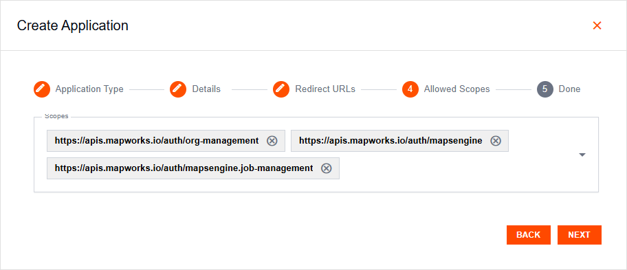 Create Application popup on the SPA Allowed Scopes tab