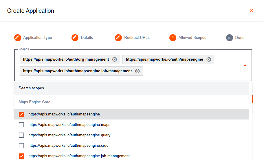 Create Application popup with expanded SPA Allowed Scopes list