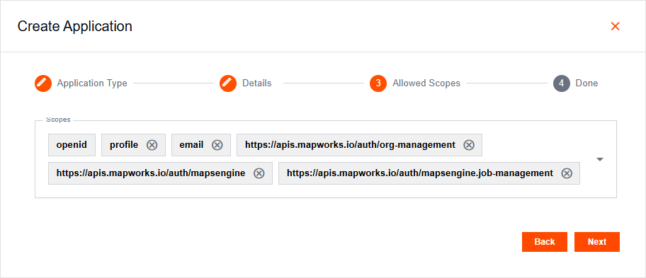 Create Application popup on the Machine-to-Machine Allowed Scopes tab