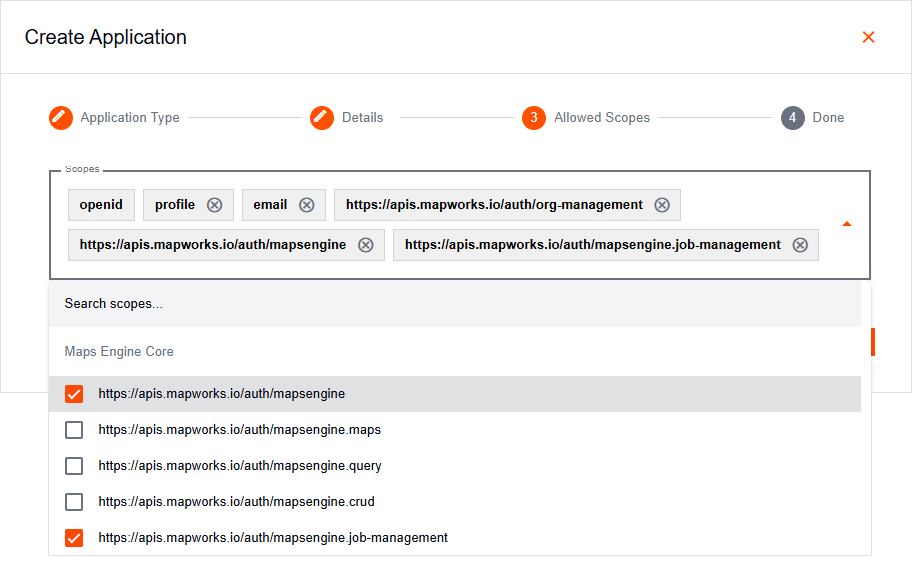 Create Application popup with expanded Machine-to-Machine Allowed Scopes list