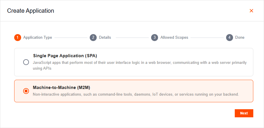 Create Application popup with Machine-to-Machine selected