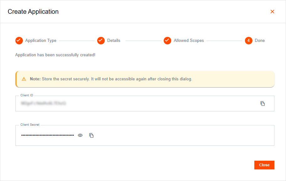 Machine-to-Machine application credentials dialog showing client ID and secret