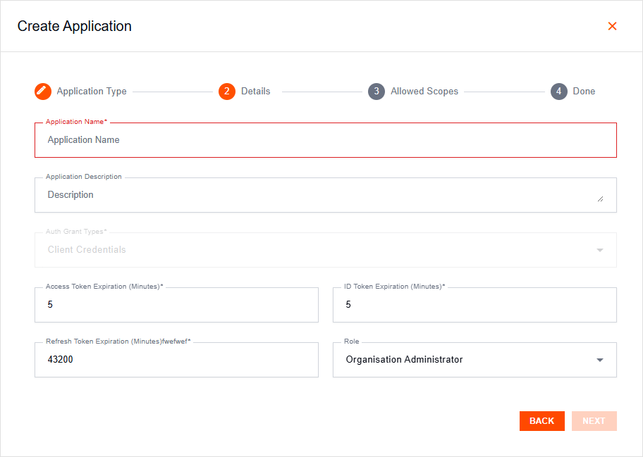 Create Application popup on the Machine-to-Machine Details tab