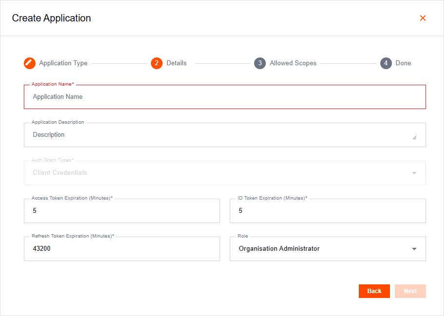 Create Application popup on the Machine-to-Machine Details tab