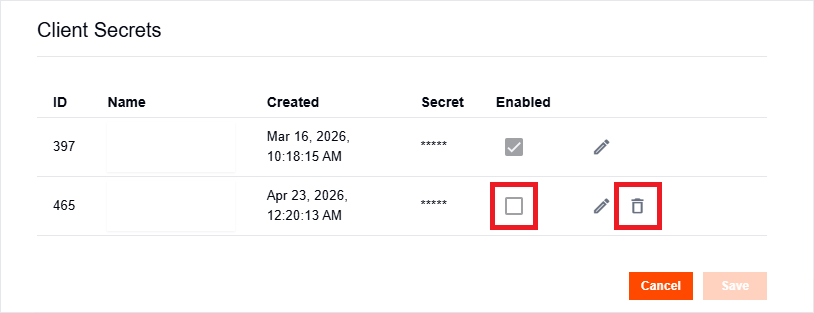 Delete action for a disabled client secret