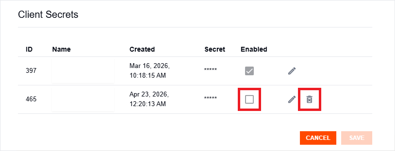 Delete action for a disabled client secret