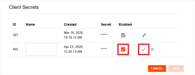 Client Secret in edit mode showing the enabled toggle