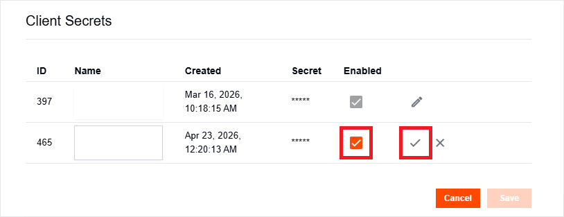 Client Secret in edit mode showing the enabled toggle