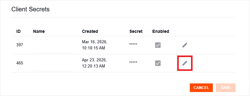 Edit Client Secret button