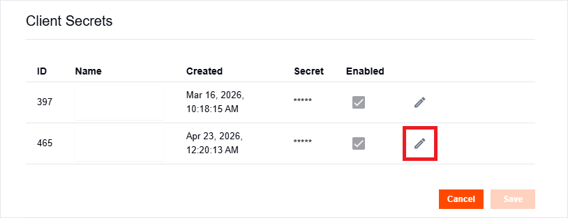 Edit Client Secret button