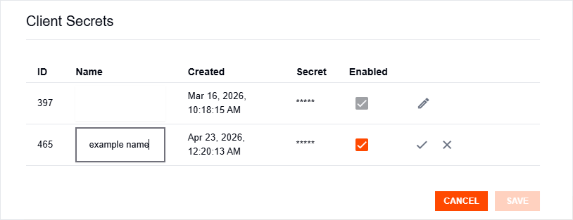 Client Secret in edit mode with label and enabled state controls
