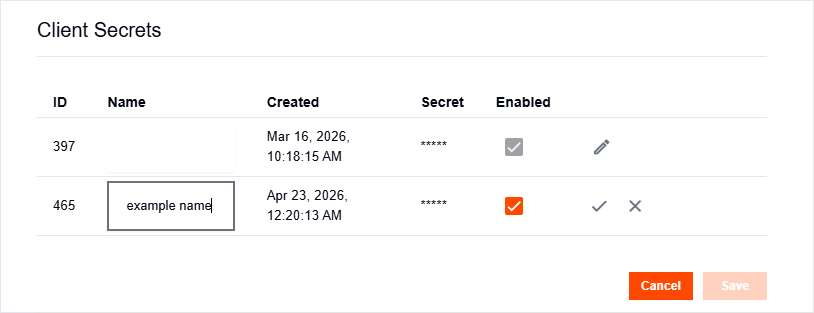 Client Secret in edit mode with label and enabled state controls