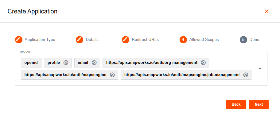 Create Application popup on the SPA Allowed Scopes tab