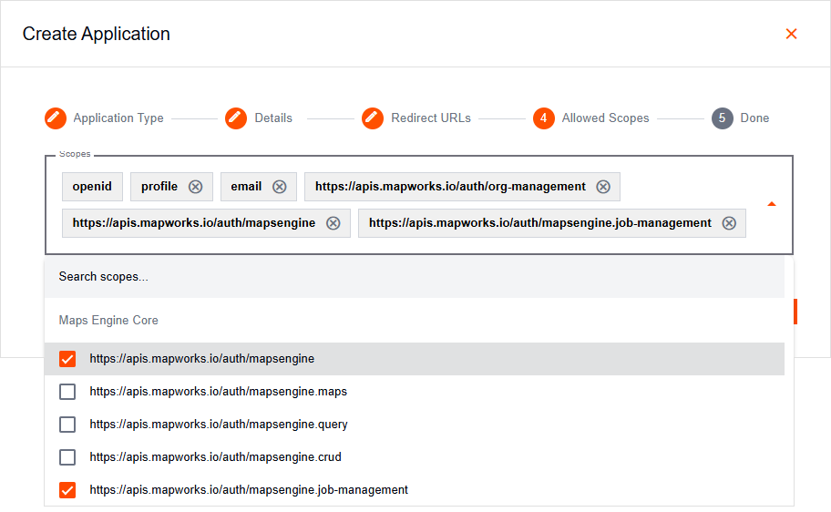 Create Application popup with expanded SPA Allowed Scopes list