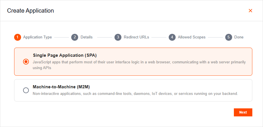 Create Application popup with Single Page Application selected