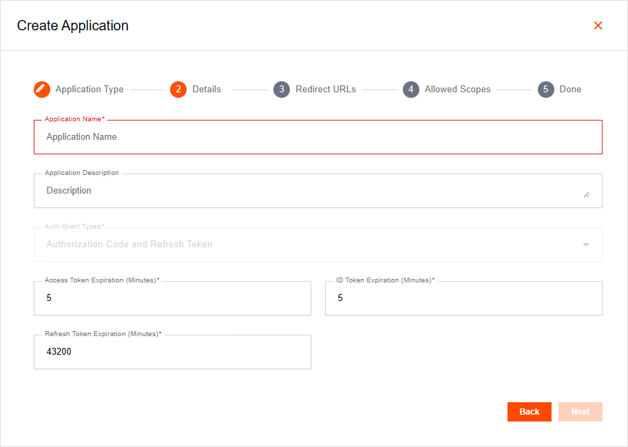 Create Application popup on the SPA Details tab