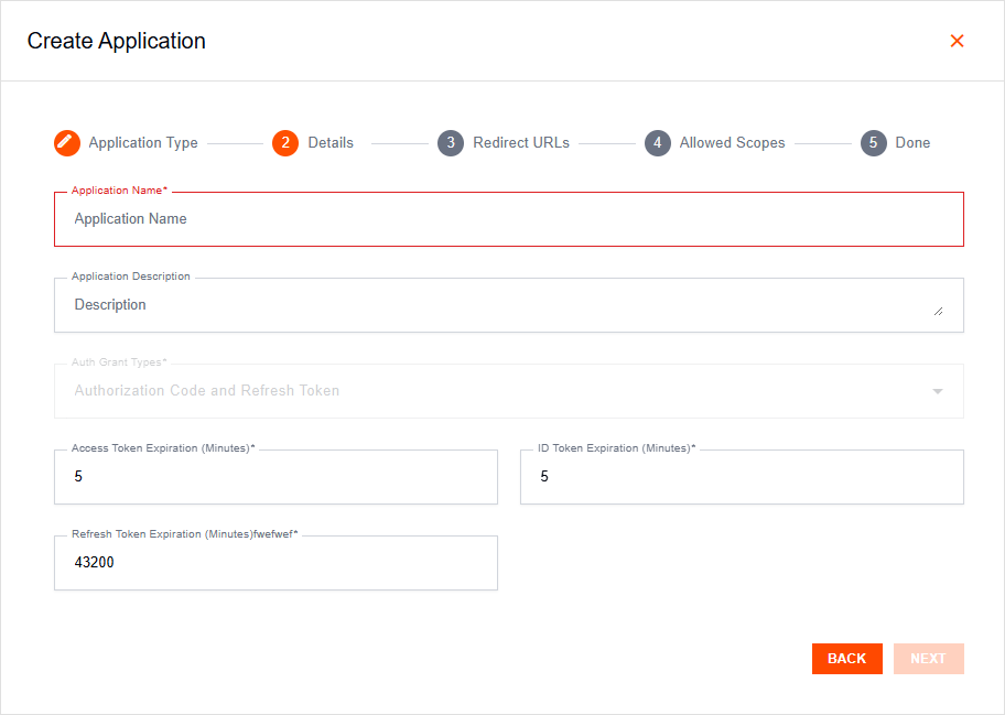 Create Application popup on the SPA Details tab