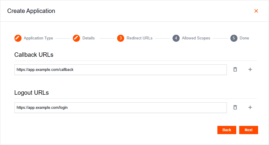 Create Application popup on the SPA Redirect URLs tab
