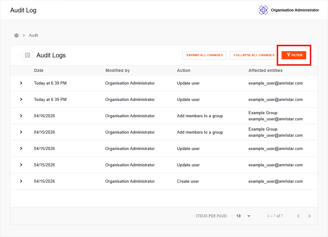 Audit log filters button