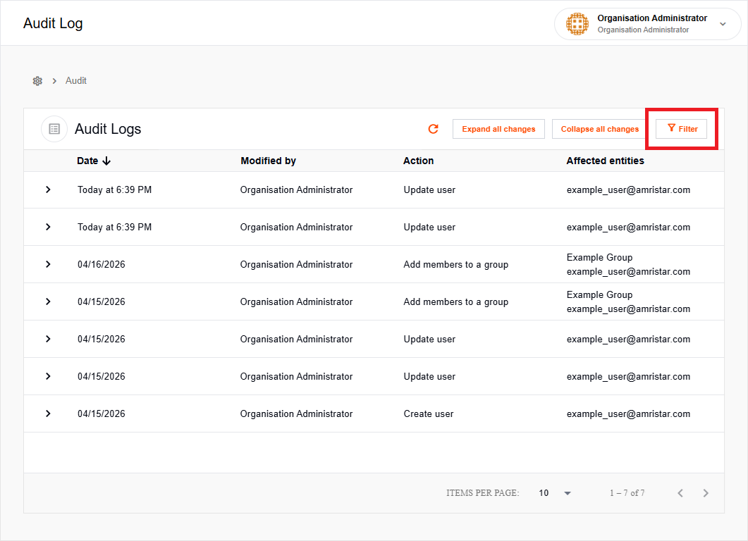 Audit log filters button