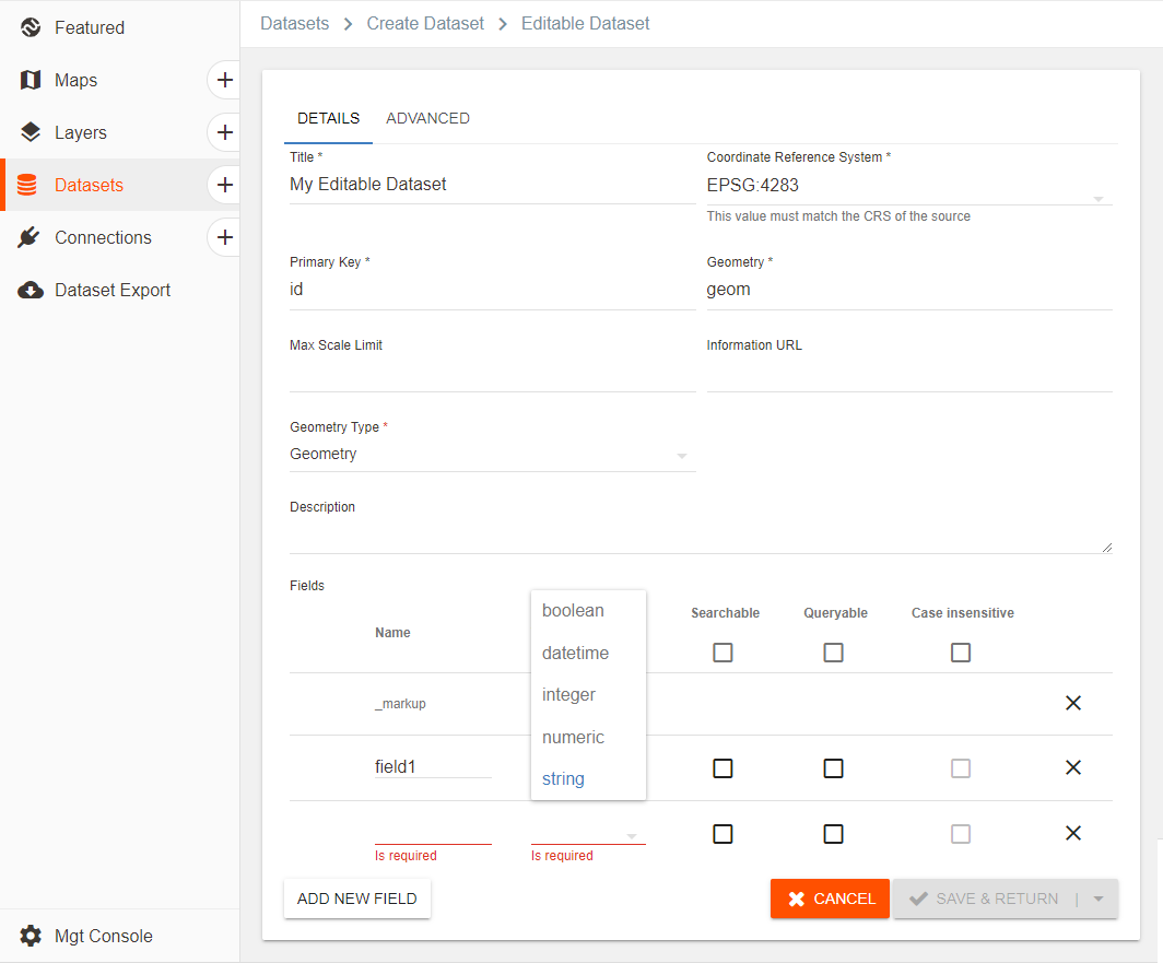 Creating fields for an Editable Dataset