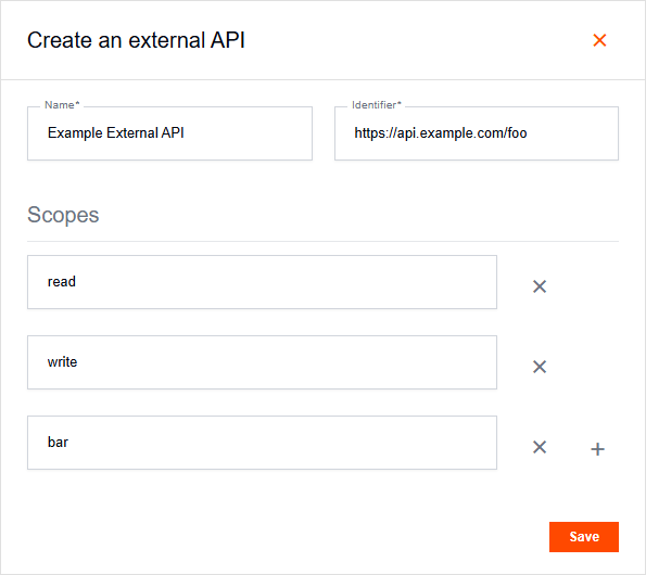 Create External API form with name, identifier, and scopes