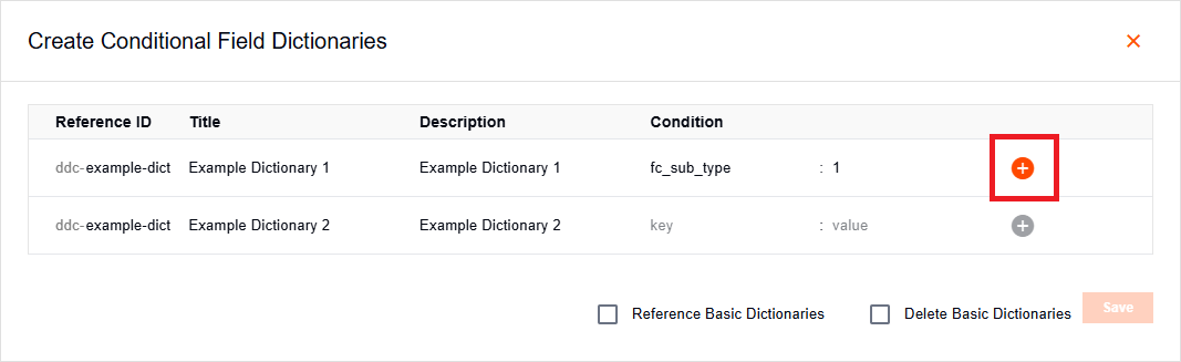 Conditional field dictionary conversion dialog with condition inputs