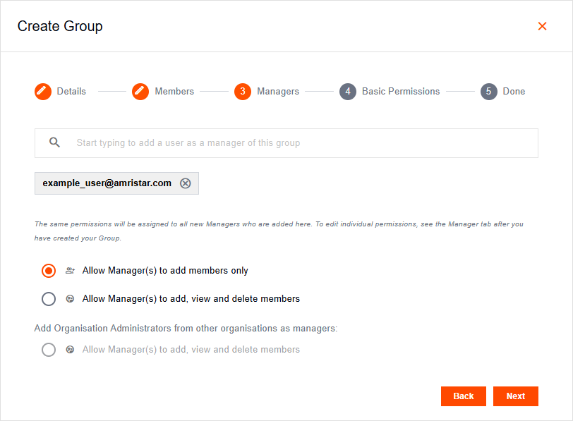Create Group dialog on the Managers tab