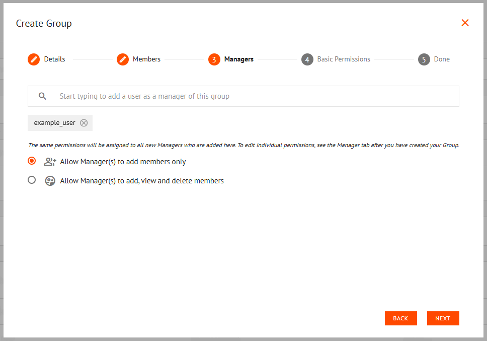 Create Group Wizard Managers Tab