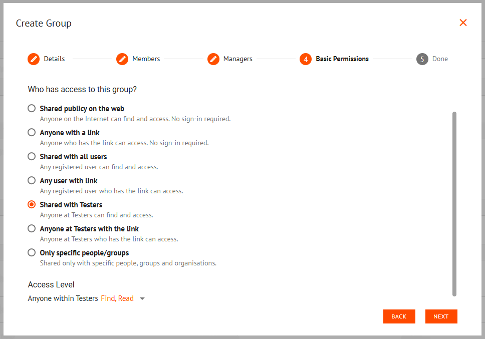 Create Group Wizard Permissions Tab