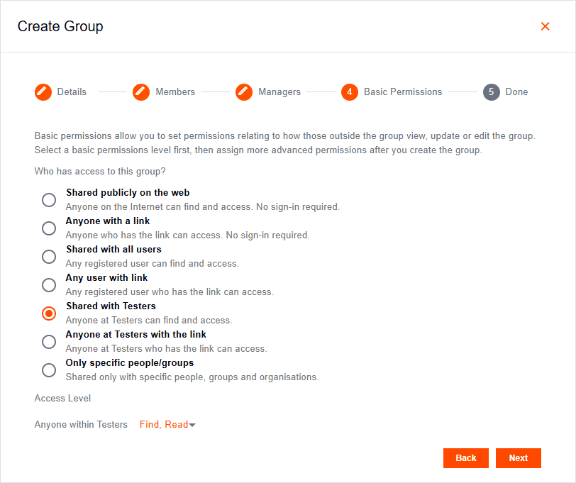 Create Group dialog on the Basic Permissions tab