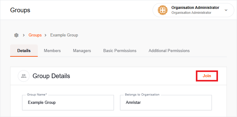 Group details page with Join button