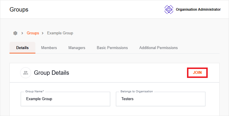 Group details page with Join button
