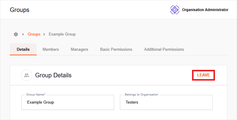 Group details page with Leave button