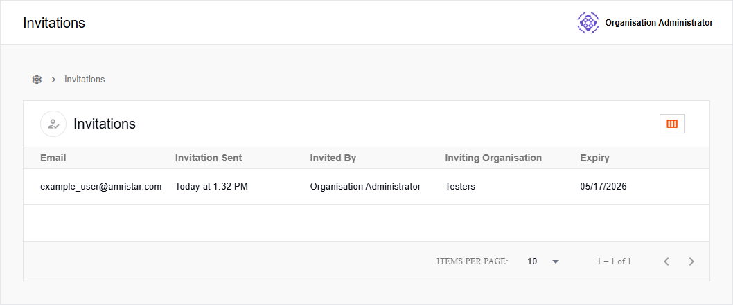 Invitations list in Mgt Console