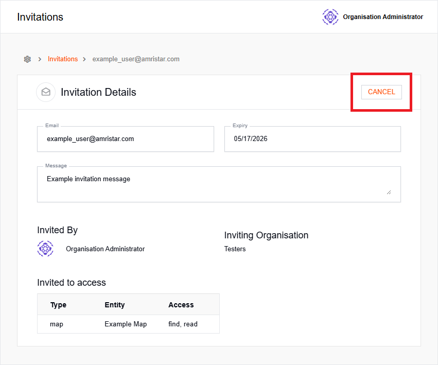 Invitation details with Cancel button