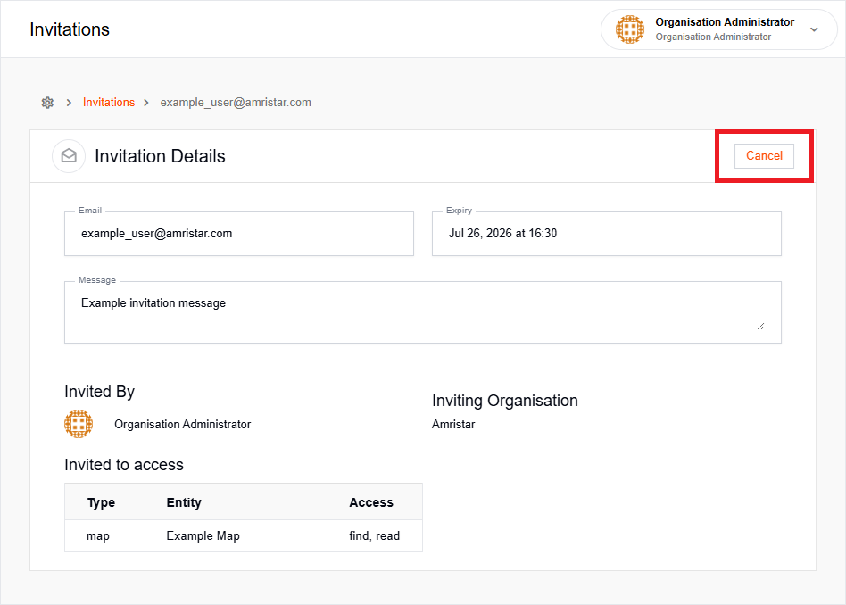 Invitation details with Cancel button