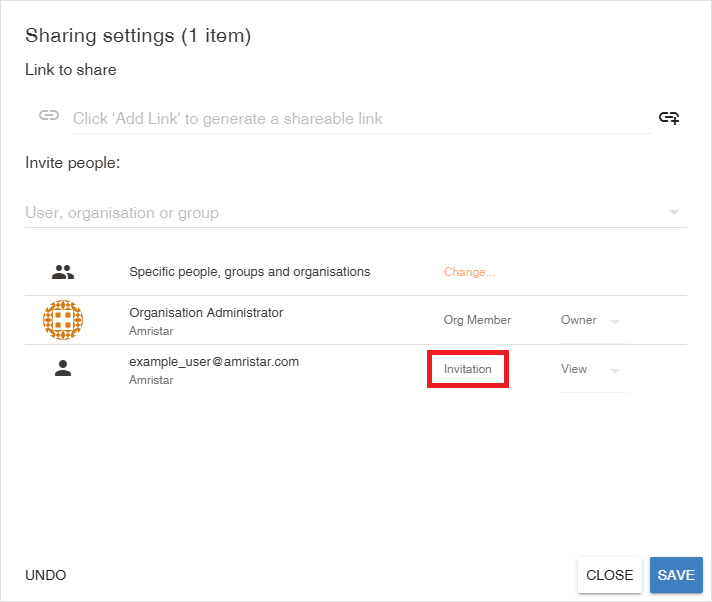 Pending invitation shown in sharing settings