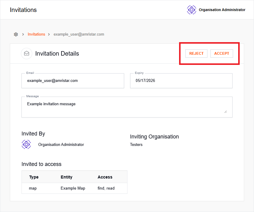 Invitation details with Accept and Reject buttons