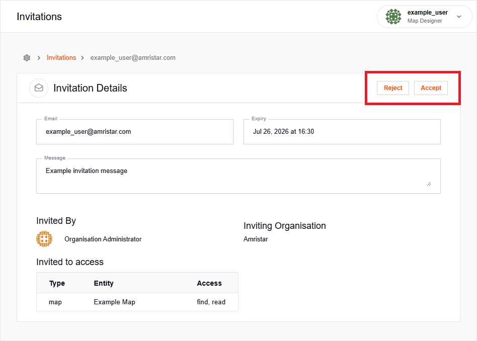 Invitation details with Accept and Reject buttons