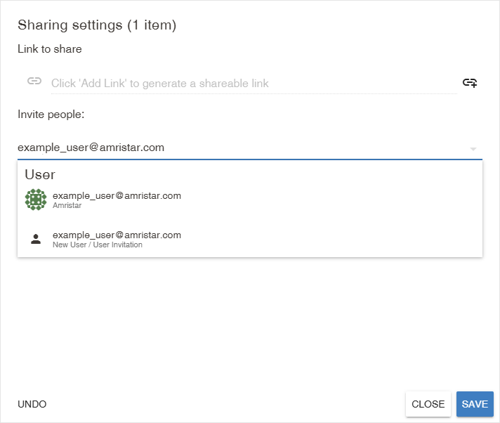 Sharing dialog with recipient email entered