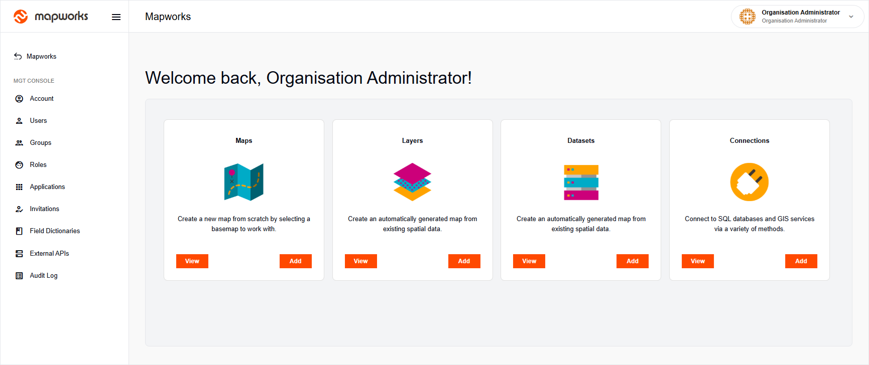 Mgt Console landing page