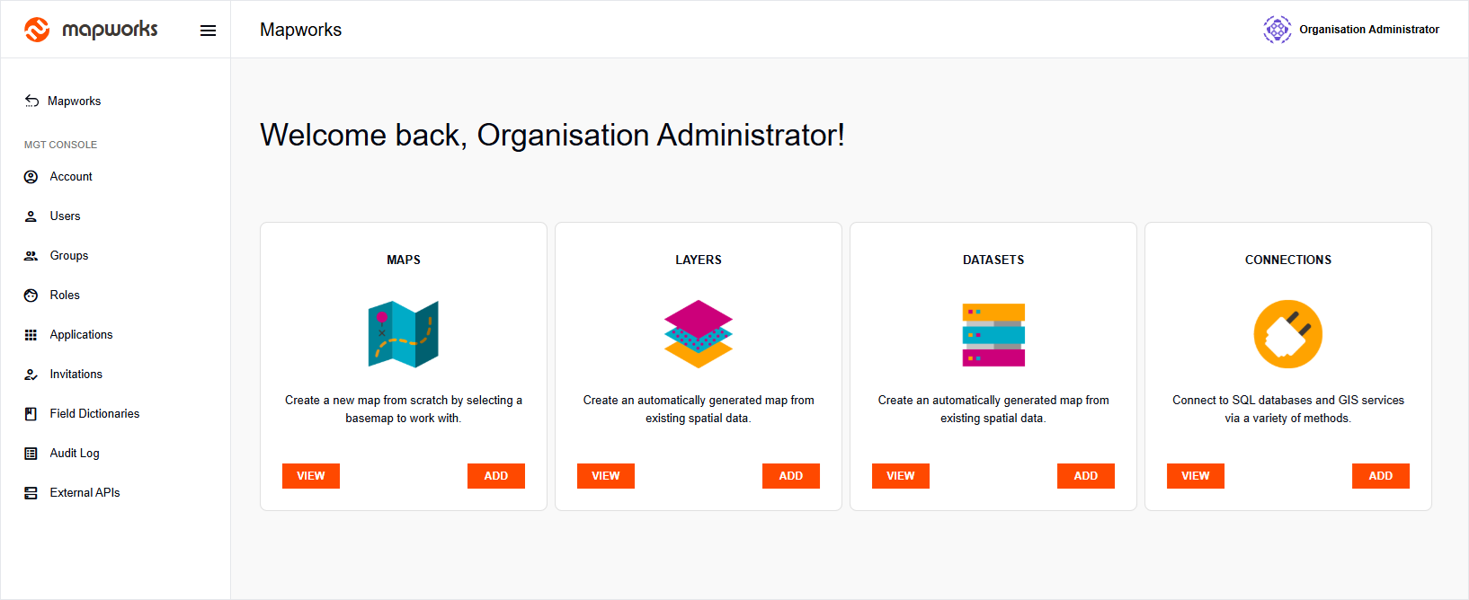 Mgt Console landing page