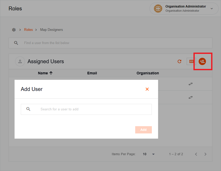 Add User dialog for assigning users to a role