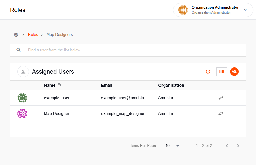 Selected role showing assigned users