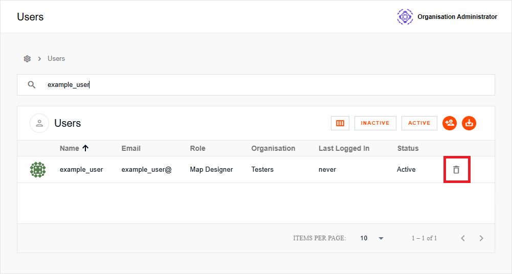 Users list with Delete button
