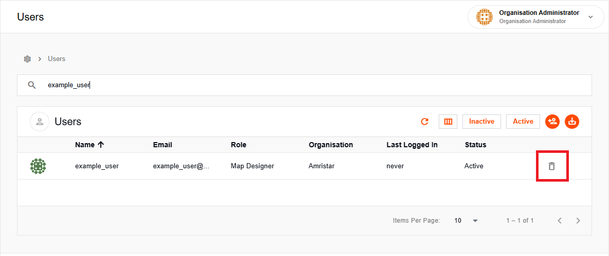 Users list with Delete button