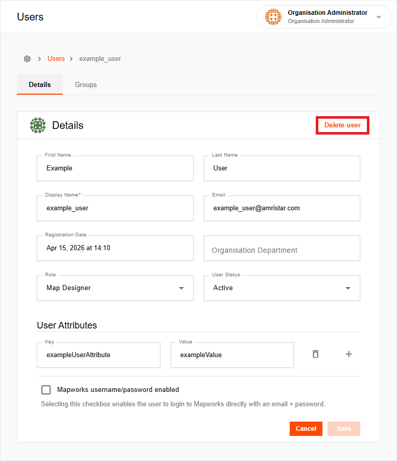 User details page with Delete User button